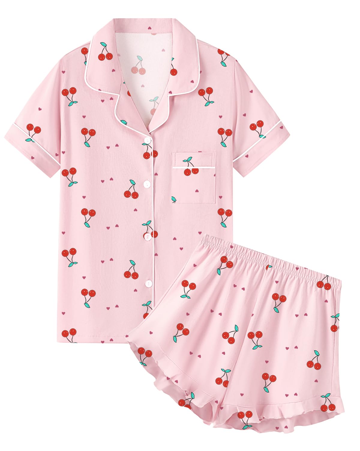 QZH.DUAO Girls & Women Pajama Sets Cotton Sleepwear Button Down Short Sleeve With Ruffle Shorts PJS 5 Years-Large