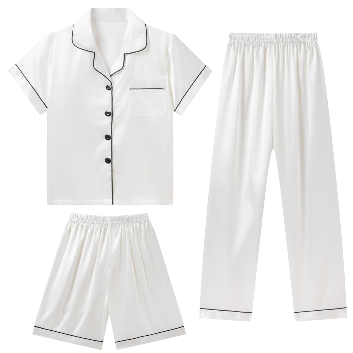 DIPUG Girls Pajamas 3 Pcs Satin PJs Set Silky Soft Sleepwear for Ages 4-13