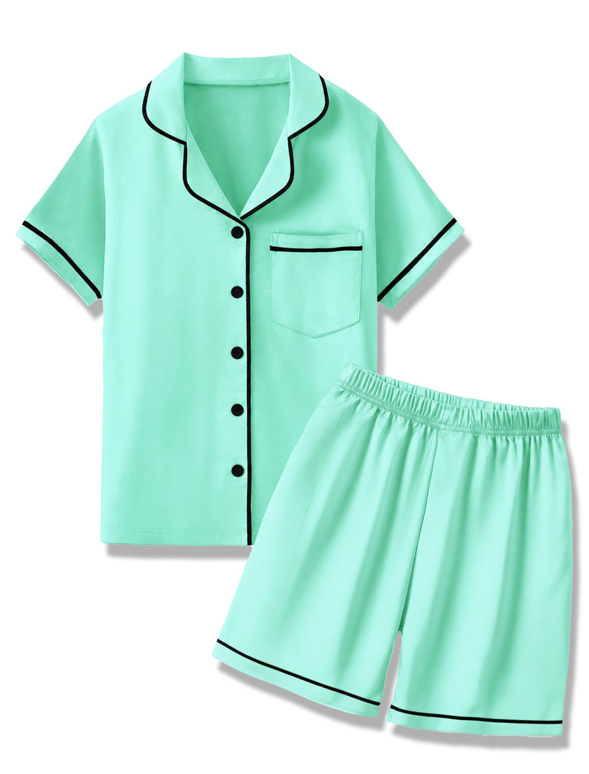 Mikrdoo Girls Pajamas Set Soft Silk Satin Pajamas 2 Piece Short Sleeve Sleepwear for Kids Size 4-16 Years