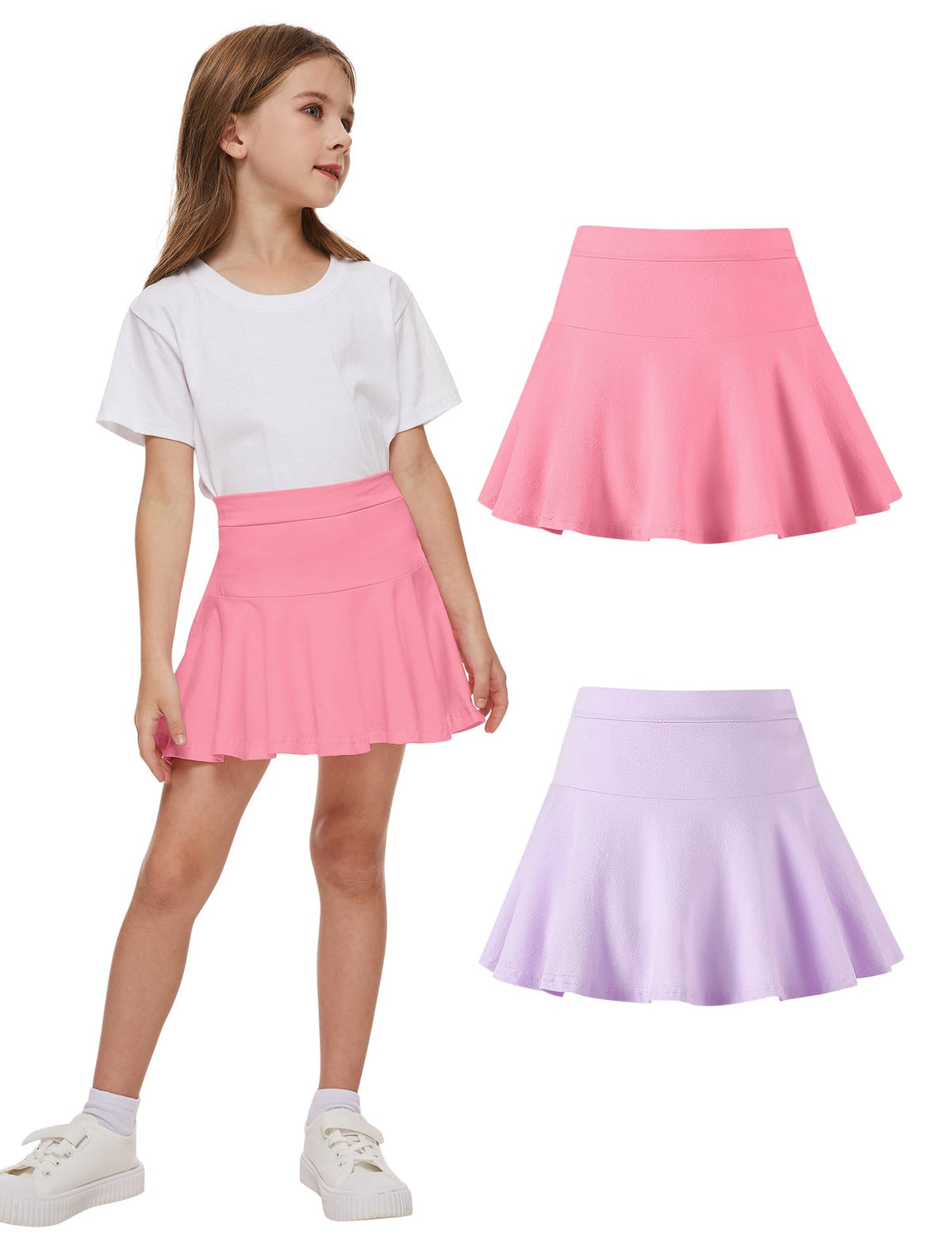 DREAM BUS 2 Pack Toddler Girls Skirts with Built-in Shorts, Cotton Pleated Tennis Skorts with Pocket for Little Girls