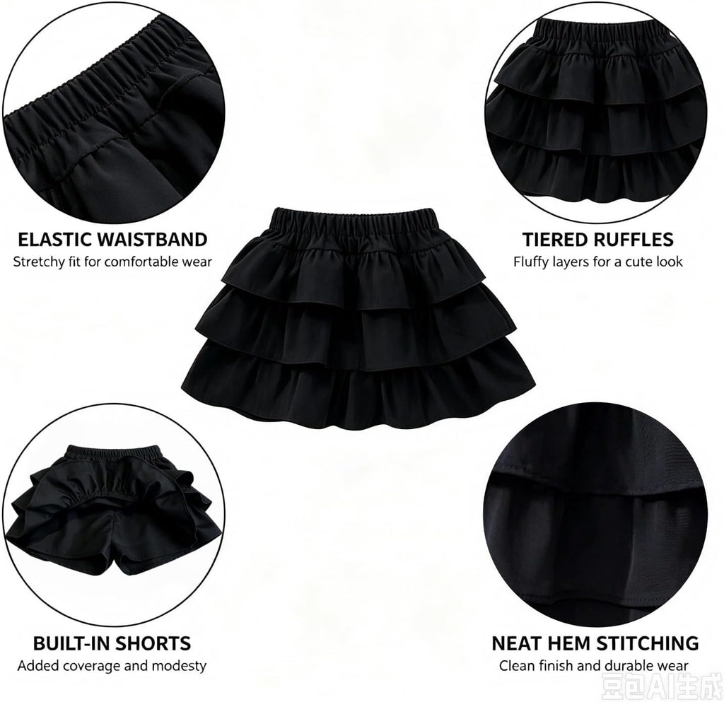 Little Girls 3 Layers Ruffle Skirts with Shorts School Uniform Skirts for Girls Casual Travel Party