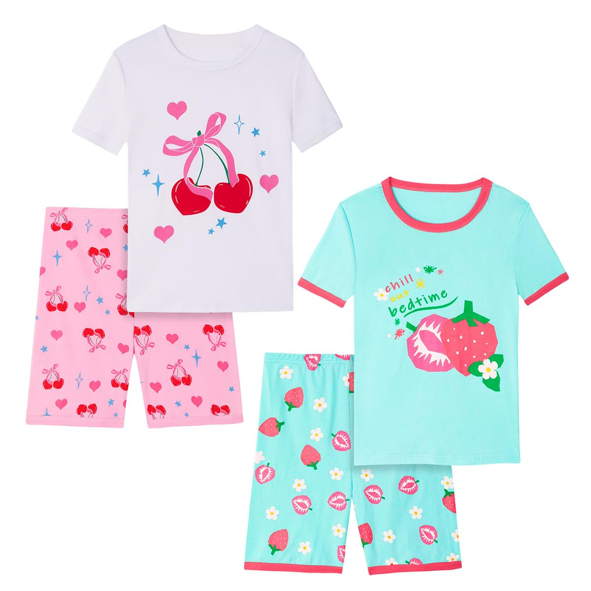 Girls Pajama Set, 4-Piece Cotton Pajamas Short Summer PJs Kids Sleepwear