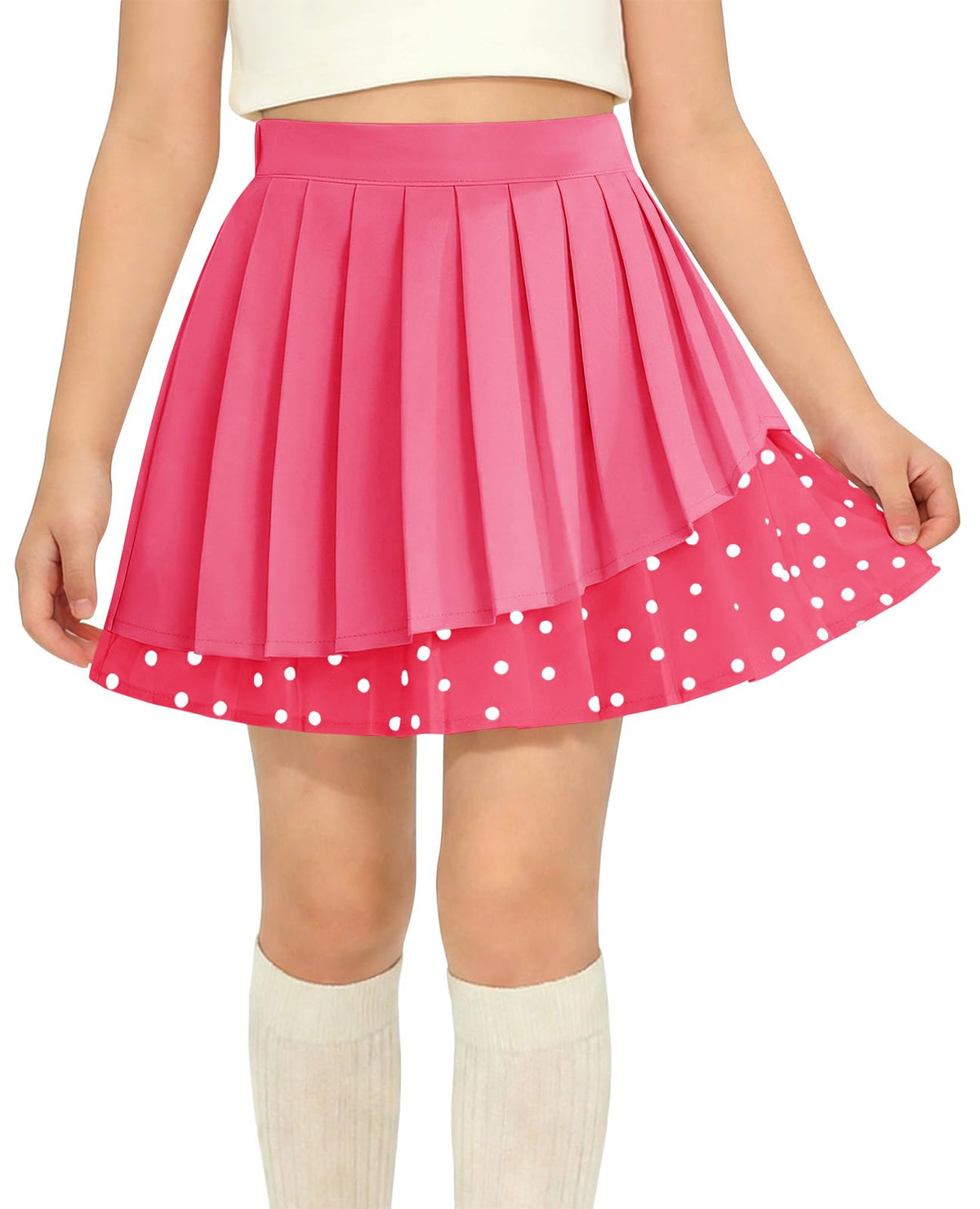 Haloumoning Girls Pleated Skirt Kids Cute High Waist Layered Polka Dots School Uniform Skort Skirts 5-14 Years