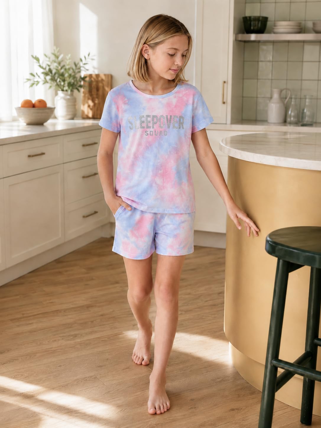 Beezizac Girls' Tie Dye Pajamas, 100% Cotton Sleepover Theme, Size 4T-18