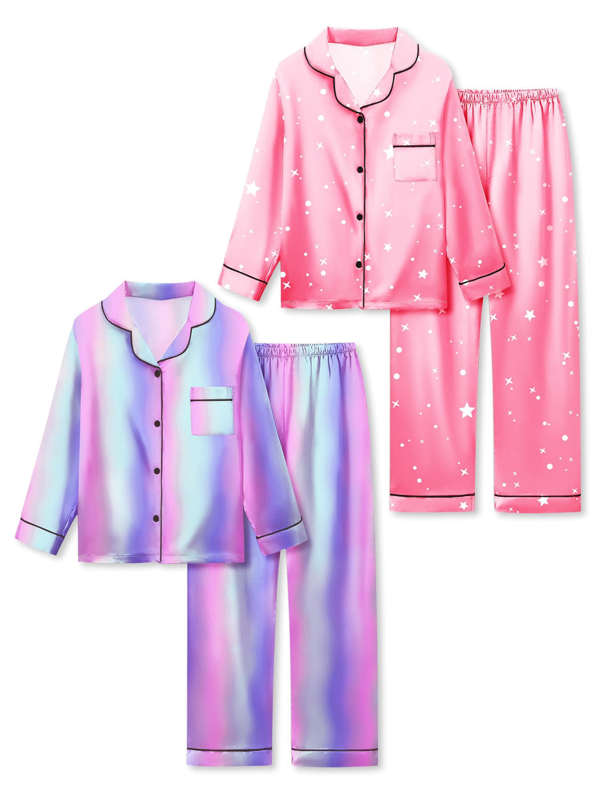 Satin Pajamas for Girls, 4-Piece Long Sleeve Silky Button Down PJ Set