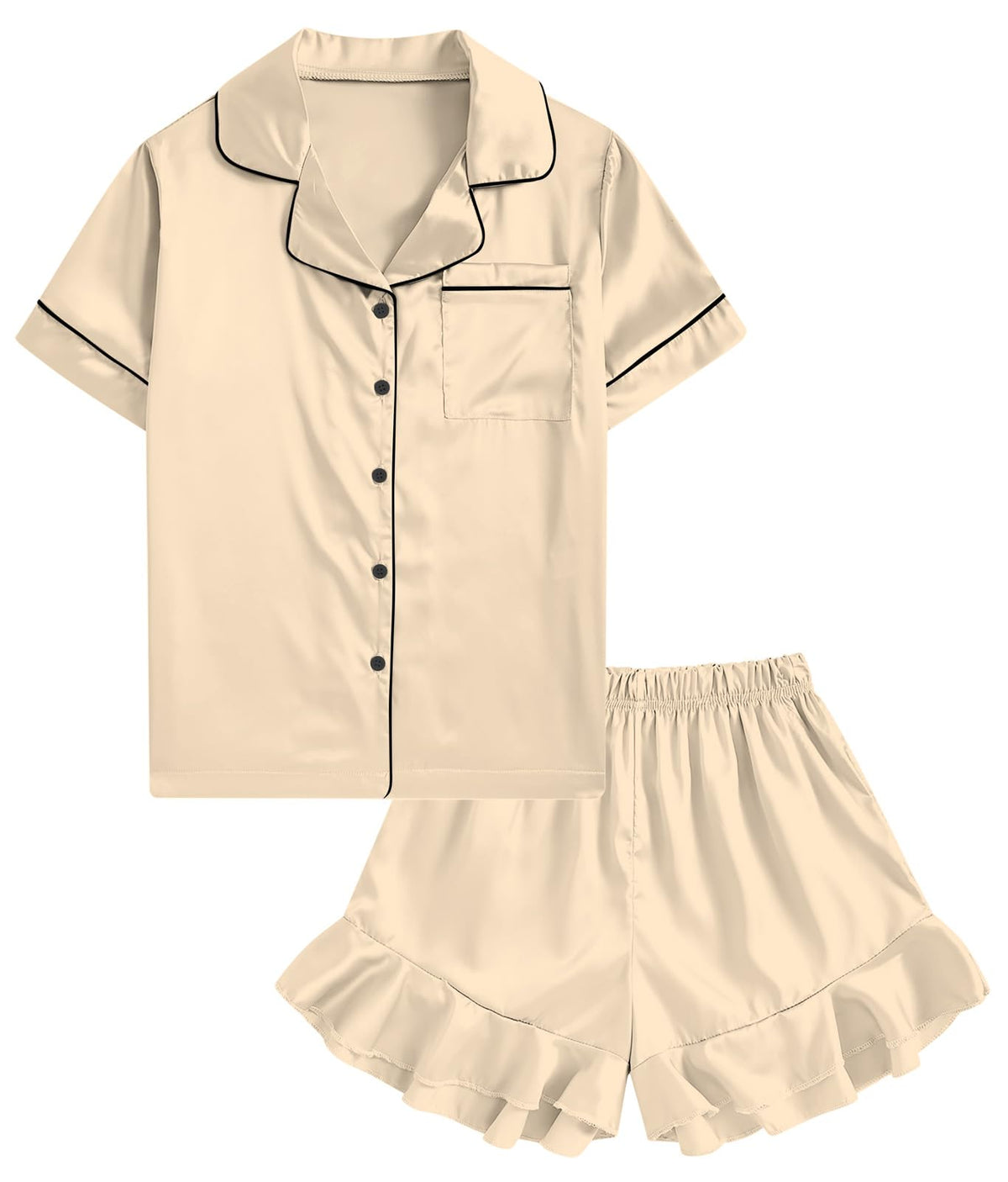 UNIFACO Girls Silk Satin Pajama Set, Short Sleeve Button Down PJs