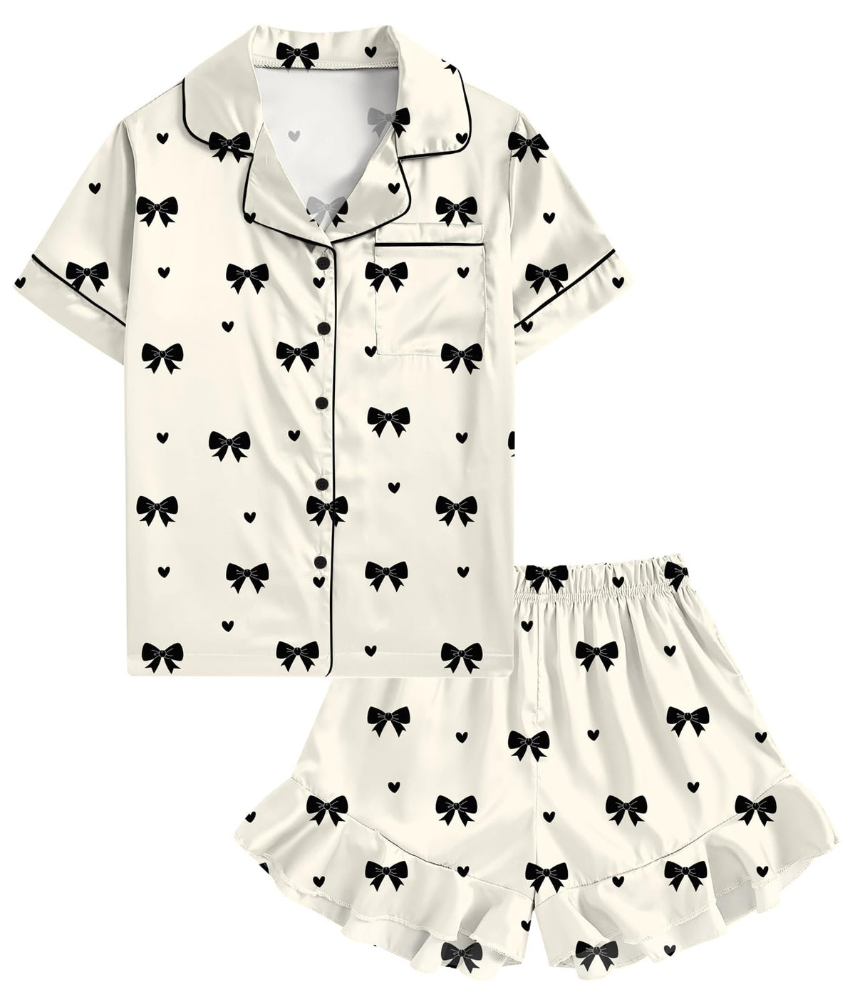 UNIFACO Girls Silk Satin Pajama Set, Short Sleeve Button Down PJs