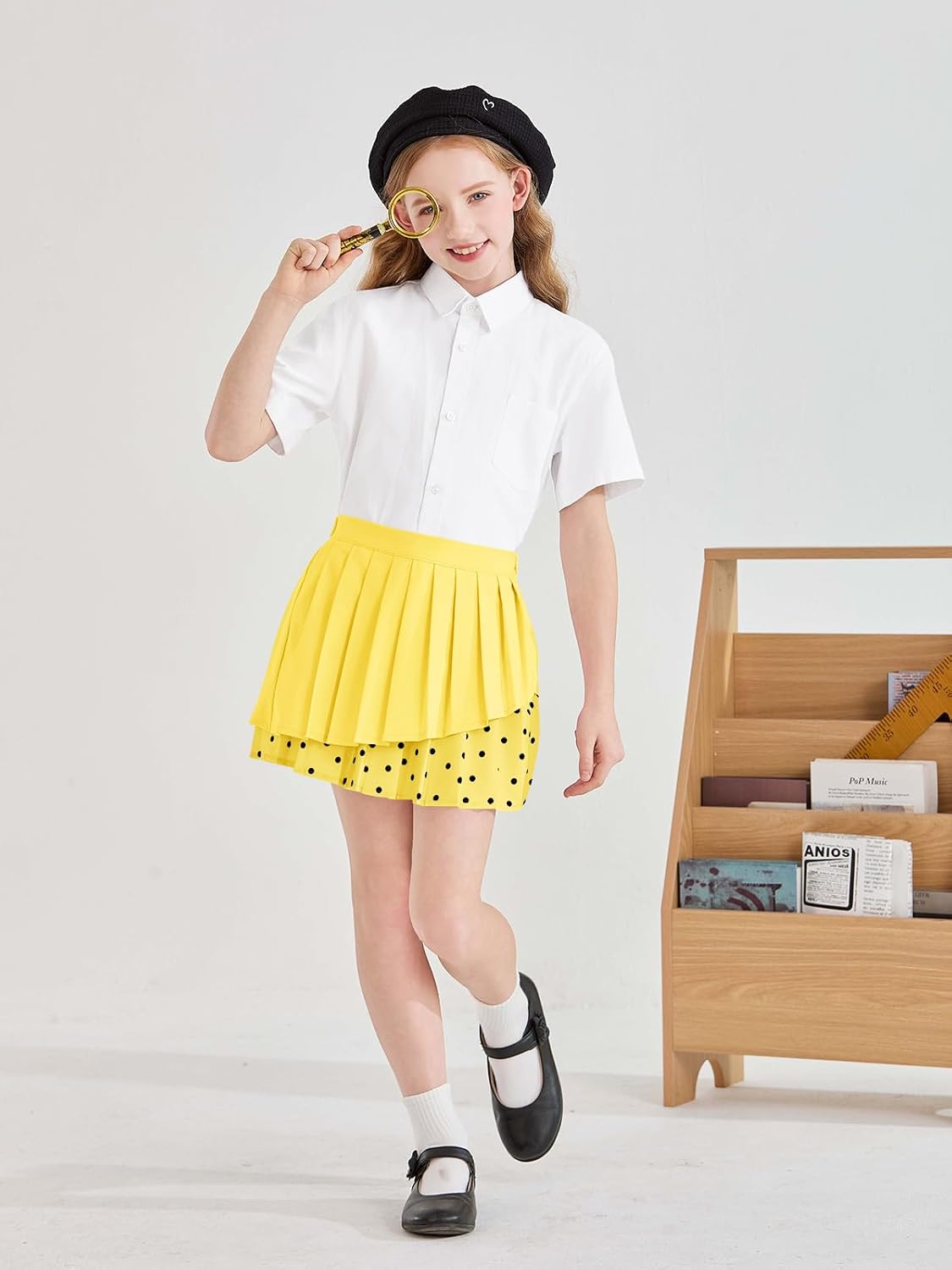 Haloumoning Girls Pleated Skirt Kids Cute High Waist Layered Polka Dots School Uniform Skort Skirts 5-14 Years