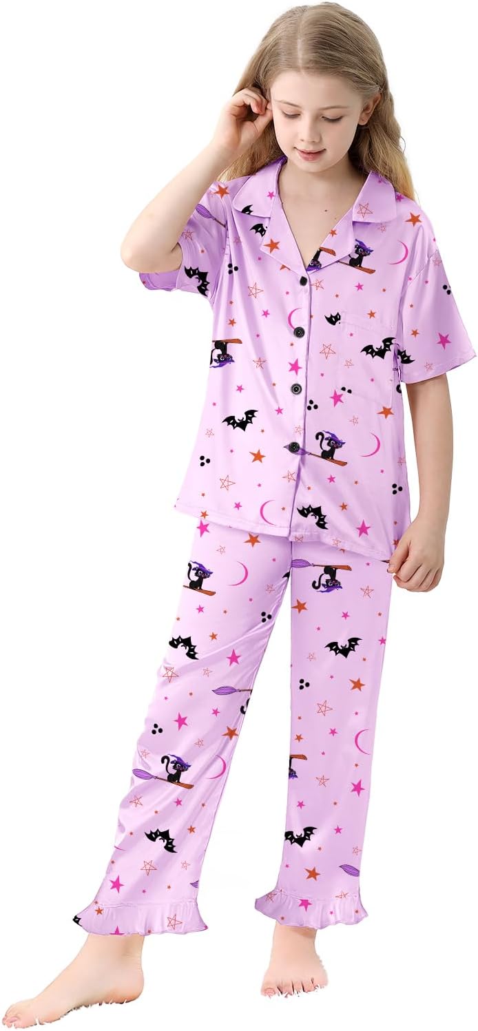 Umeyda Girls 3 Pieces Pajamas Sets Silk Satin Ruffle Sleepwear Short Sleeve Button-Down 3Pjs Nightwear, 5-14 Years