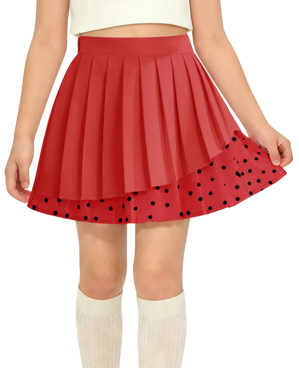 Haloumoning Girls Pleated Skirt Kids Cute High Waist Layered Polka Dots School Uniform Skort Skirts 5-14 Years