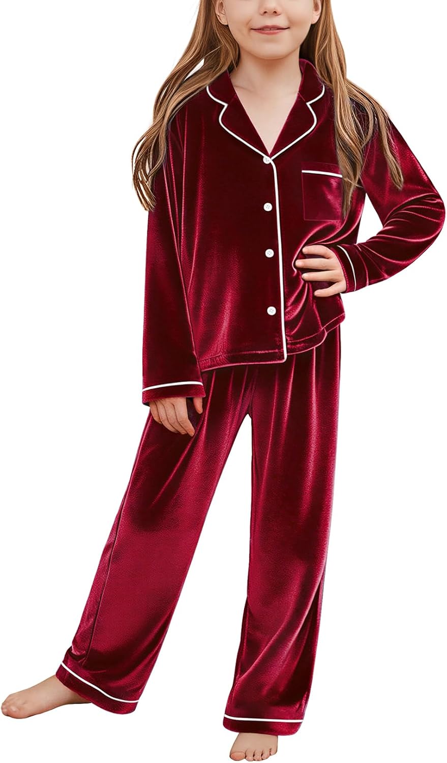 QPANCY Girls Pajamas Set Kids Velvet Button Down Pjs Long Sleeve Pants