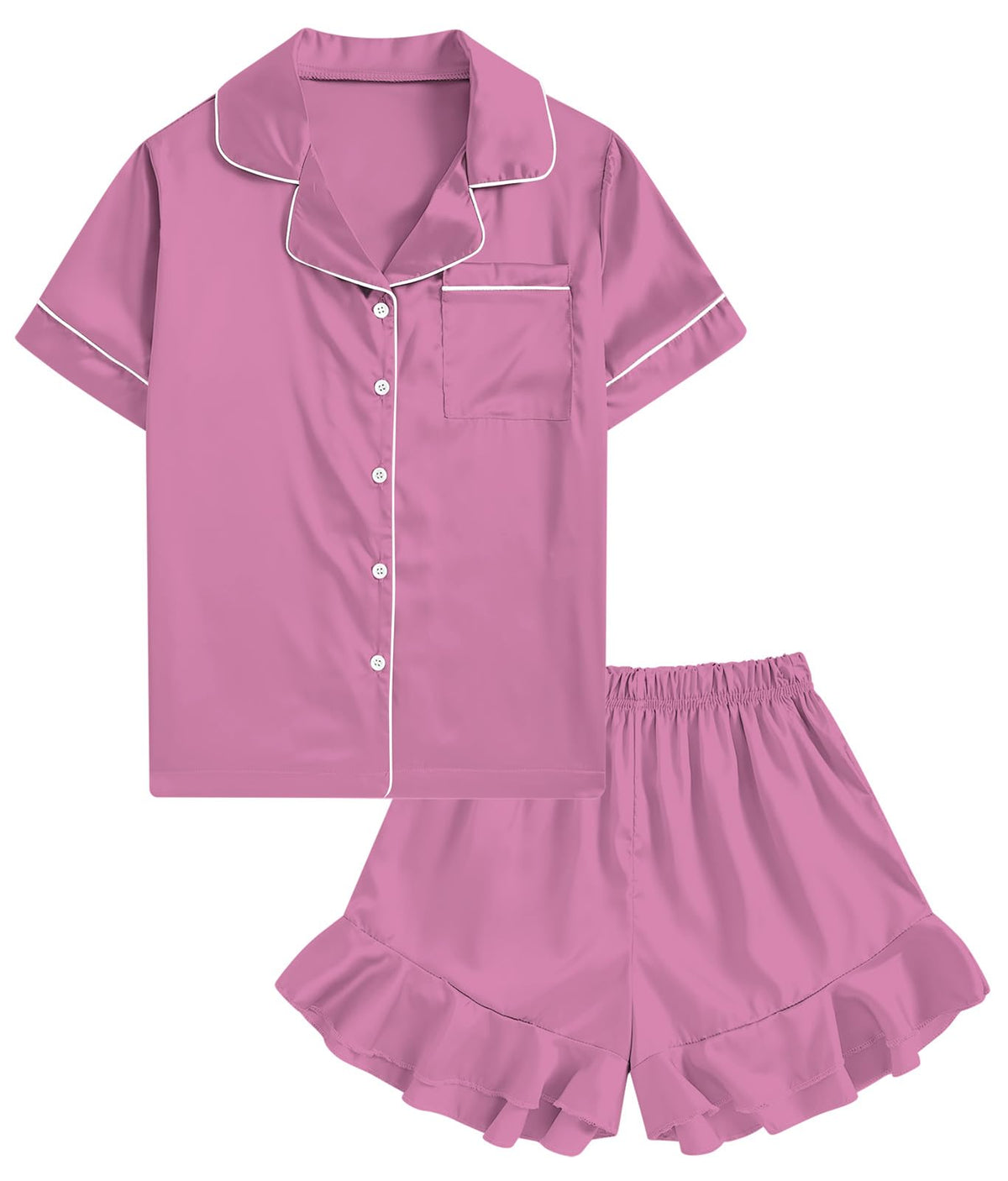 UNIFACO Girls Silk Satin Pajama Set, Short Sleeve Button Down PJs