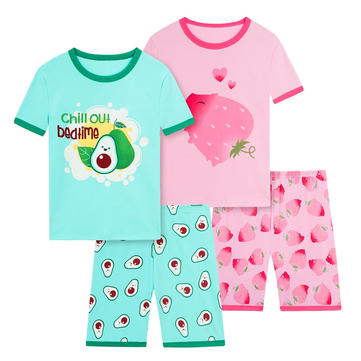 Girls Pajama Set, 4-Piece Cotton Pajamas Short Summer PJs Kids Sleepwear