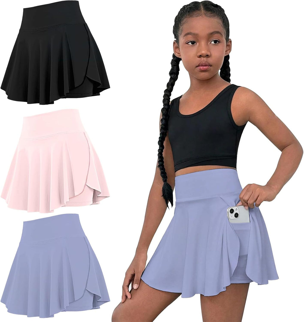 OEBLD Girls Athletic Skort High Waist Tennis Skirts with Shorts Butterfly Ruffle School Skirts with Pockets