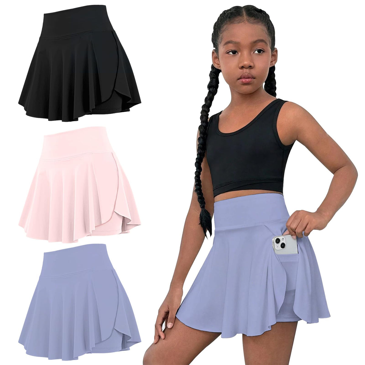 OEBLD Girls Athletic Skort High Waist Tennis Skirts with Shorts Butterfly Ruffle School Skirts with Pockets