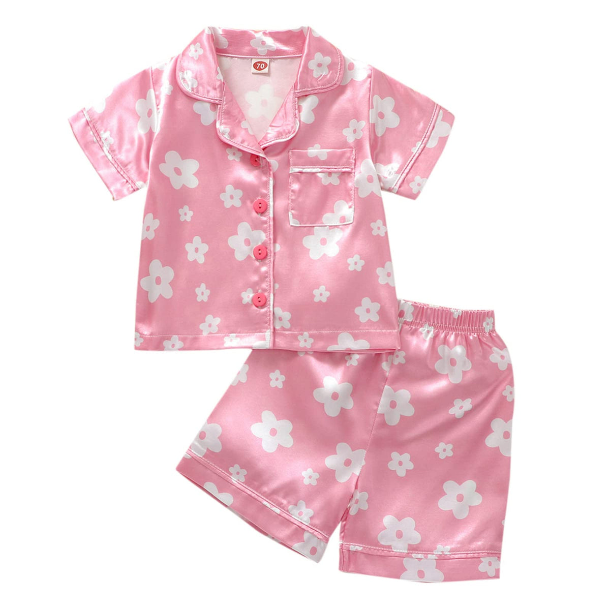 1-6Y Toddler Girls Floral Silk Pajamas Short Sleeve Button-Up Top Shorts Summer 2PC Flowers Satin Pajamas Set