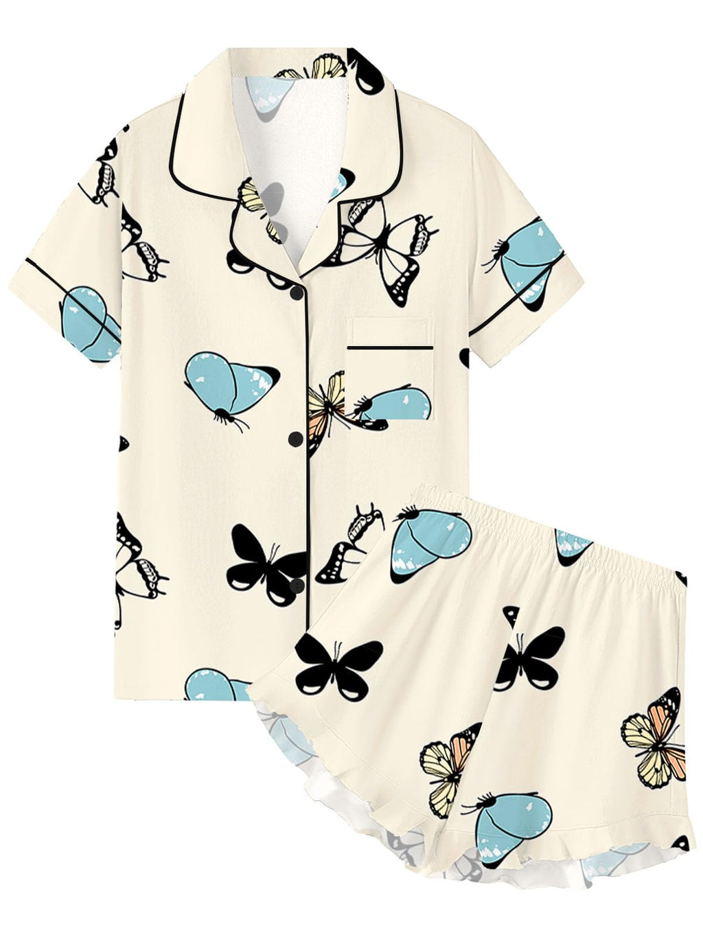 QZH.DUAO Girls & Women Pajama Sets Cotton Sleepwear Button Down Short Sleeve With Ruffle Shorts PJS 5 Years-Large