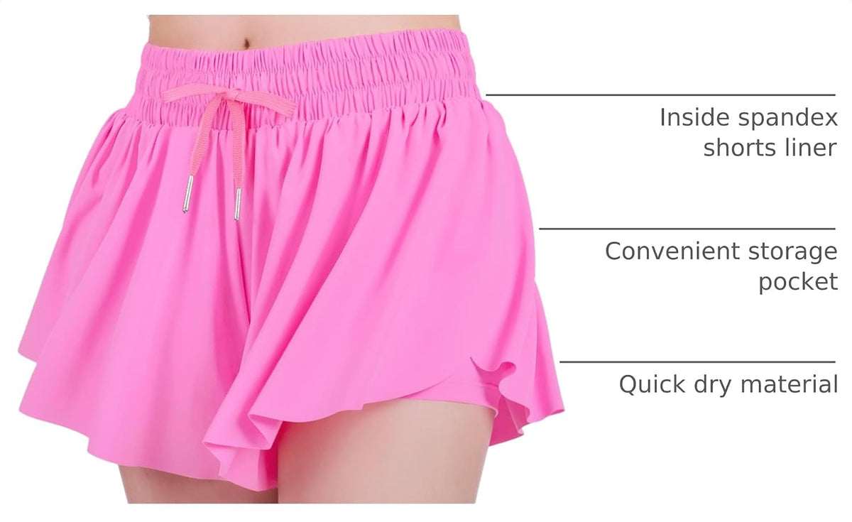 JOCMIC Girls Flowy Shorts, 2 in 1 Preppy Butterfly Shorts with Spandex Liner for Cheer Athletic Gym Teens Casual Clothes