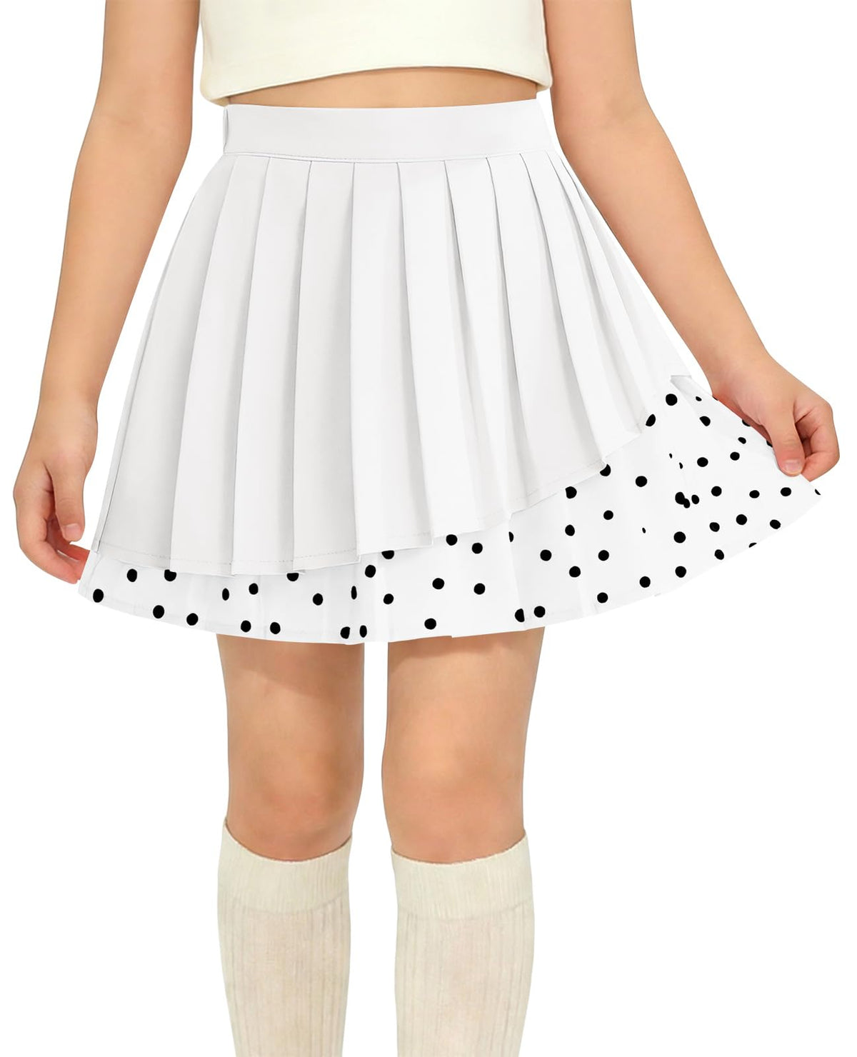 Haloumoning Girls Pleated Skirt Kids Cute High Waist Layered Polka Dots School Uniform Skort Skirts 5-14 Years