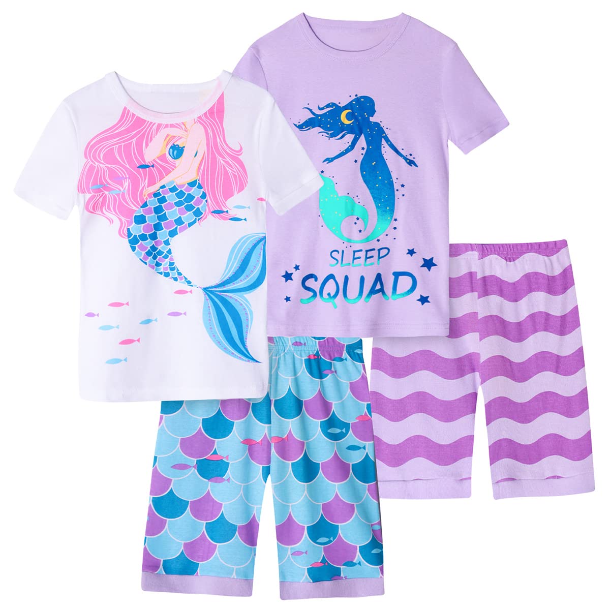 Girls Pajama Set, 4-Piece Cotton Pajamas Short Summer PJs Kids Sleepwear