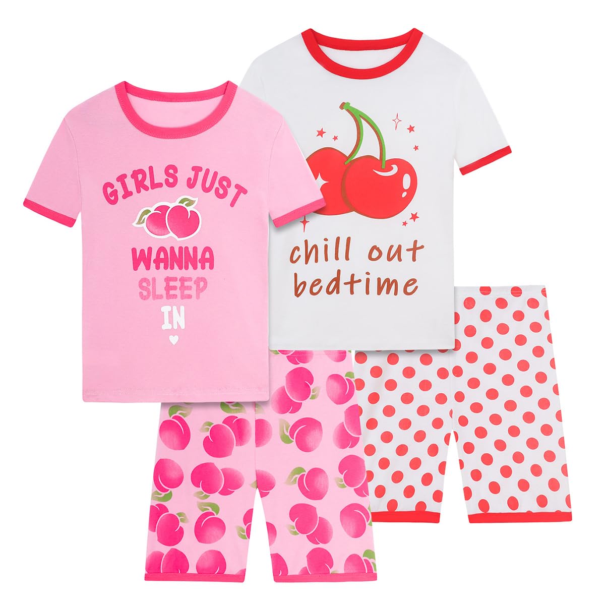 Girls Pajama Set, 4-Piece Cotton Pajamas Short Summer PJs Kids Sleepwear