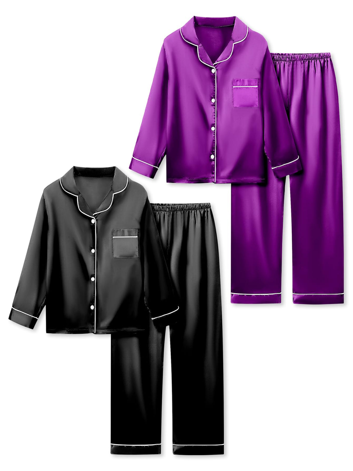 Satin Pajamas for Girls, 4-Piece Long Sleeve Silky Button Down PJ Set