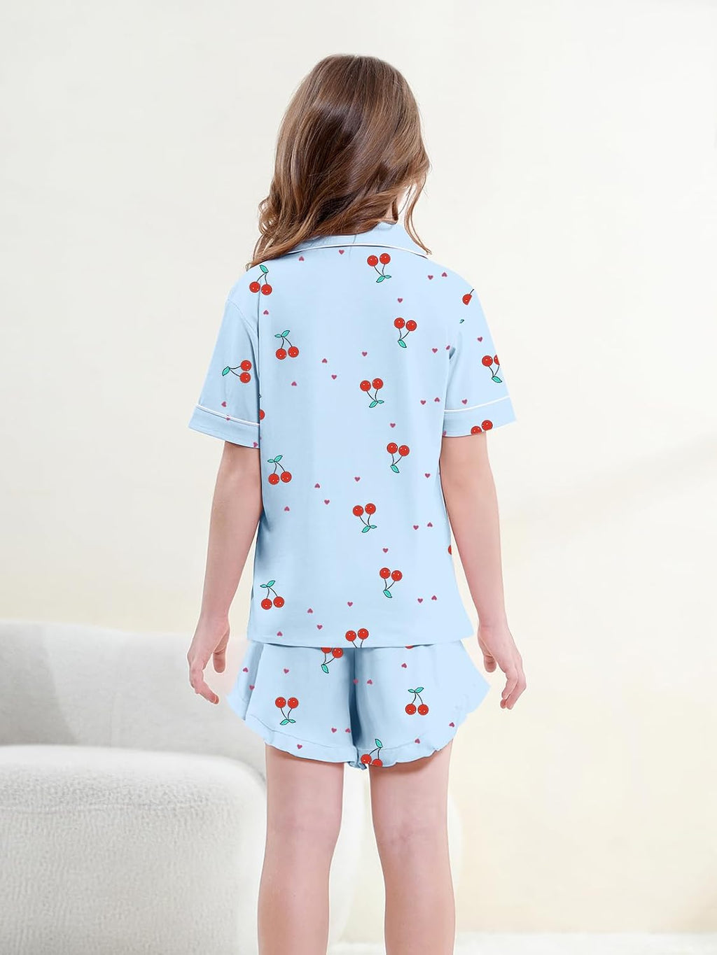 QZH.DUAO Girls & Women Pajama Sets Cotton Sleepwear Button Down Short Sleeve With Ruffle Shorts PJS 5 Years-Large