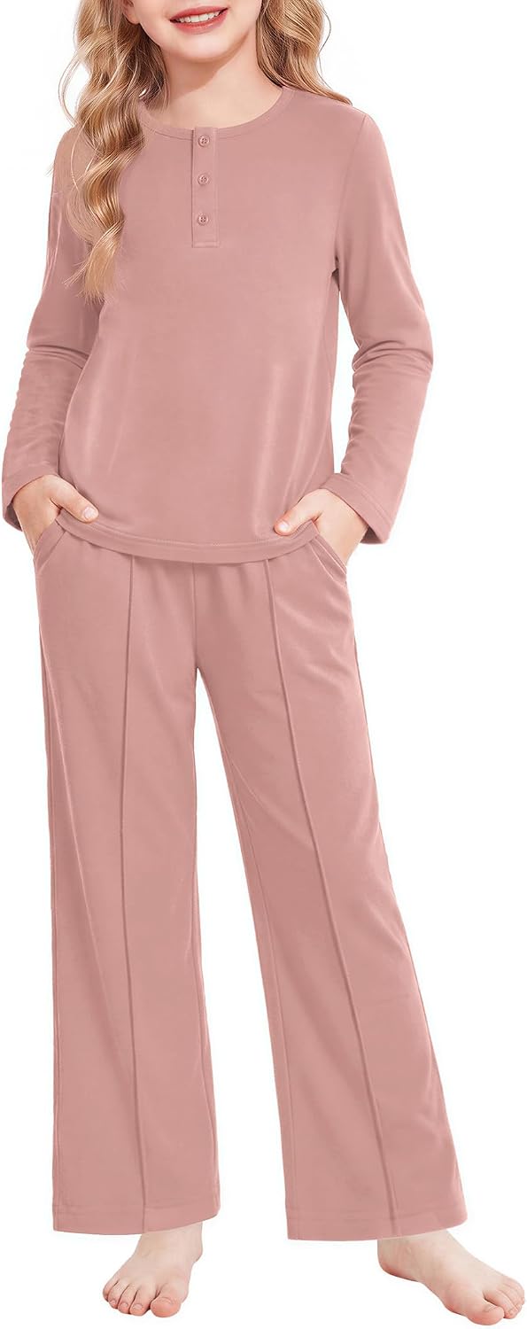 Arshiner Girls Pajamas Long Sleeve Sleepwear Comfy Henley Neck Pjs Set