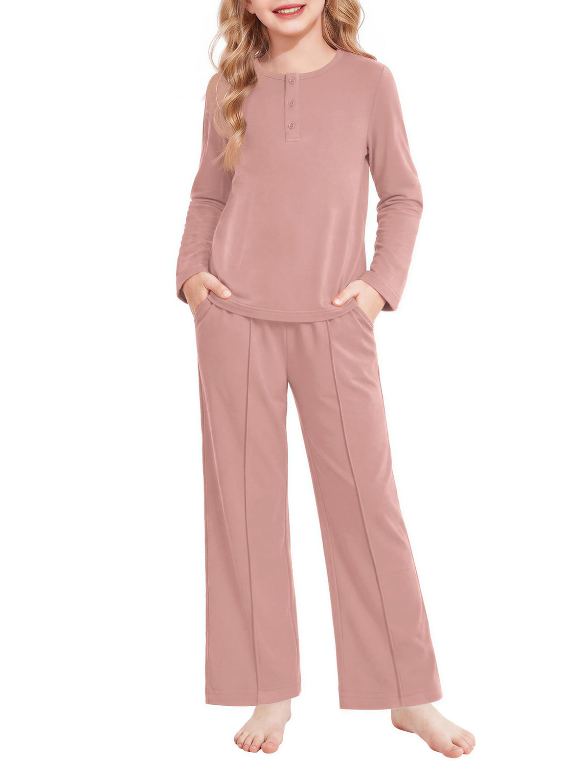 Arshiner Girls Pajamas Long Sleeve Sleepwear Comfy Henley Neck Pjs Set