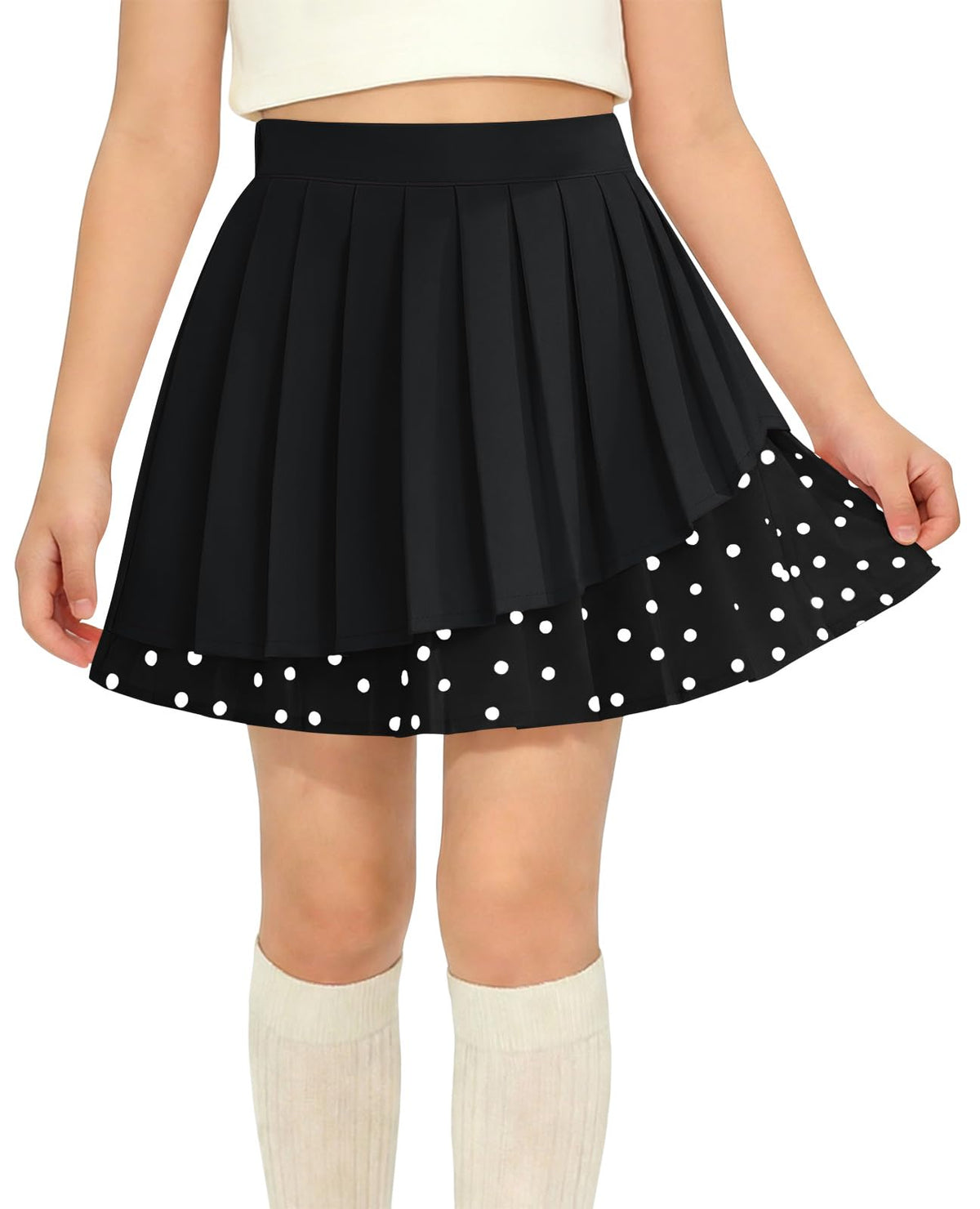 Haloumoning Girls Pleated Skirt Kids Cute High Waist Layered Polka Dots School Uniform Skort Skirts 5-14 Years