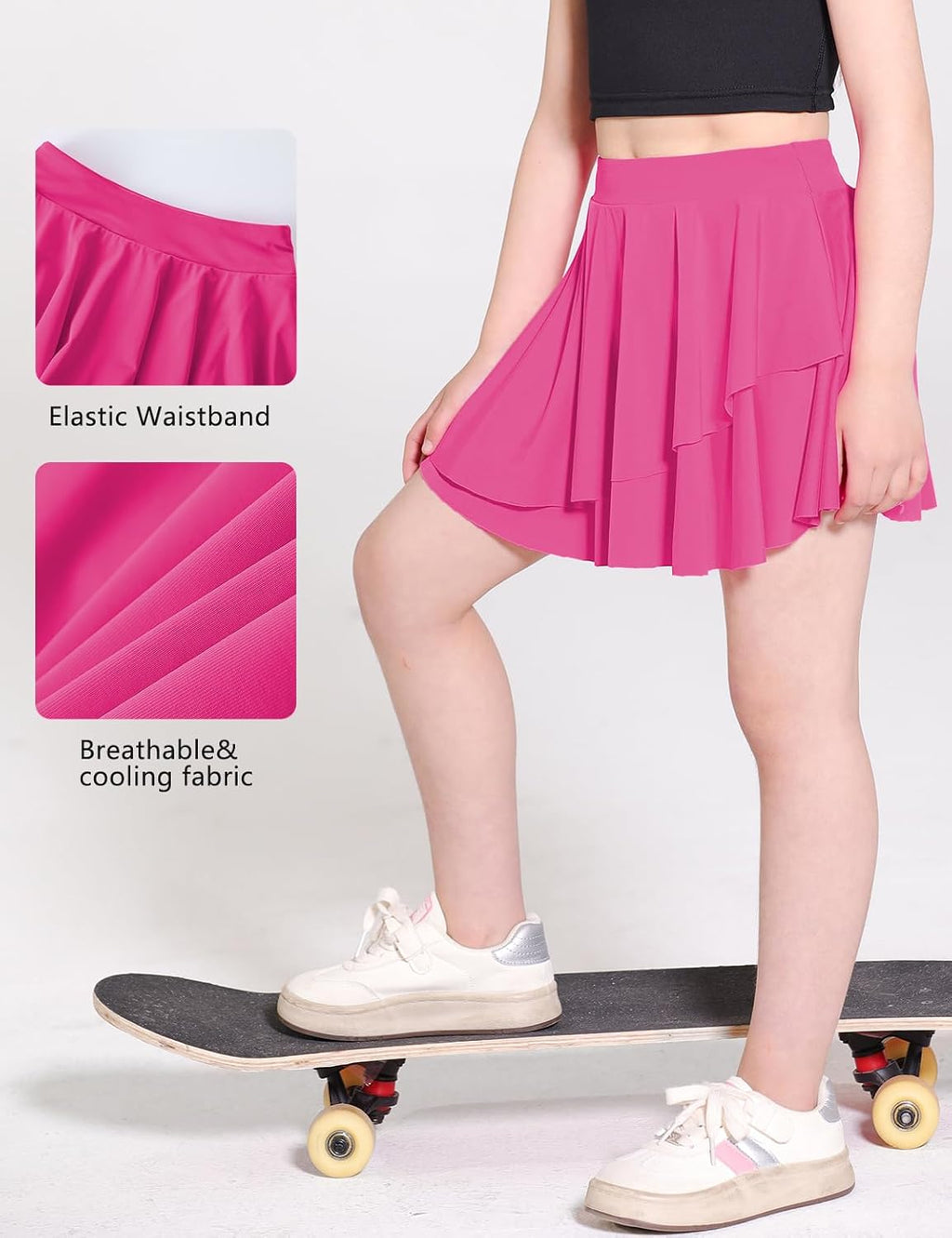 Girls Tennis Skirts Layered Ruffle Athletic Flowy Skirts with Pocket Skorts for Girls 5-14Y
