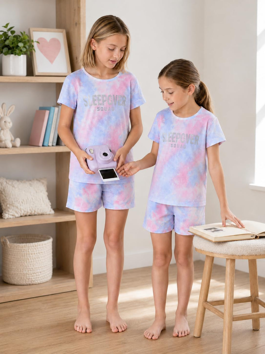 Beezizac Girls' Tie Dye Pajamas, 100% Cotton Sleepover Theme, Size 4T-18