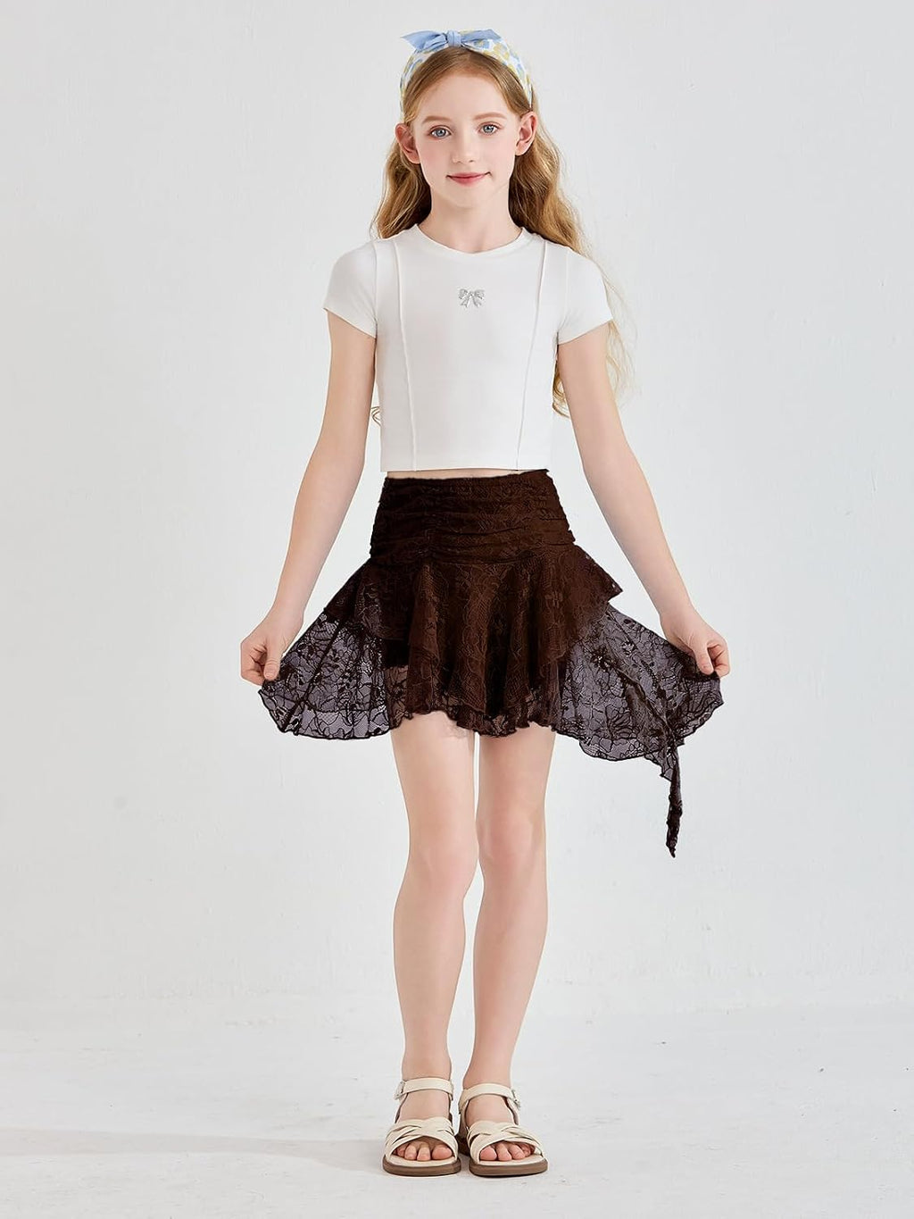 Haloumoning Girls Y2K Lace Mini Skirt Ruffle Asymmetrical Flowy Short Skort