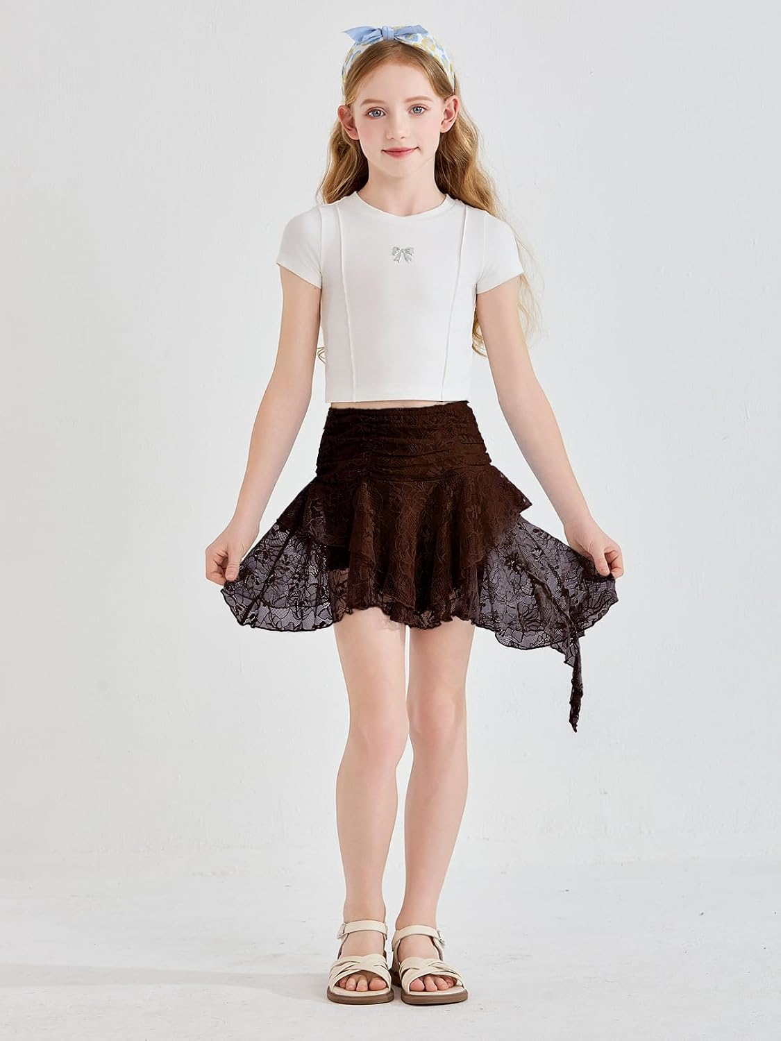 Haloumoning Girls Y2K Lace Mini Skirt Ruffle Asymmetrical Flowy Short Skort
