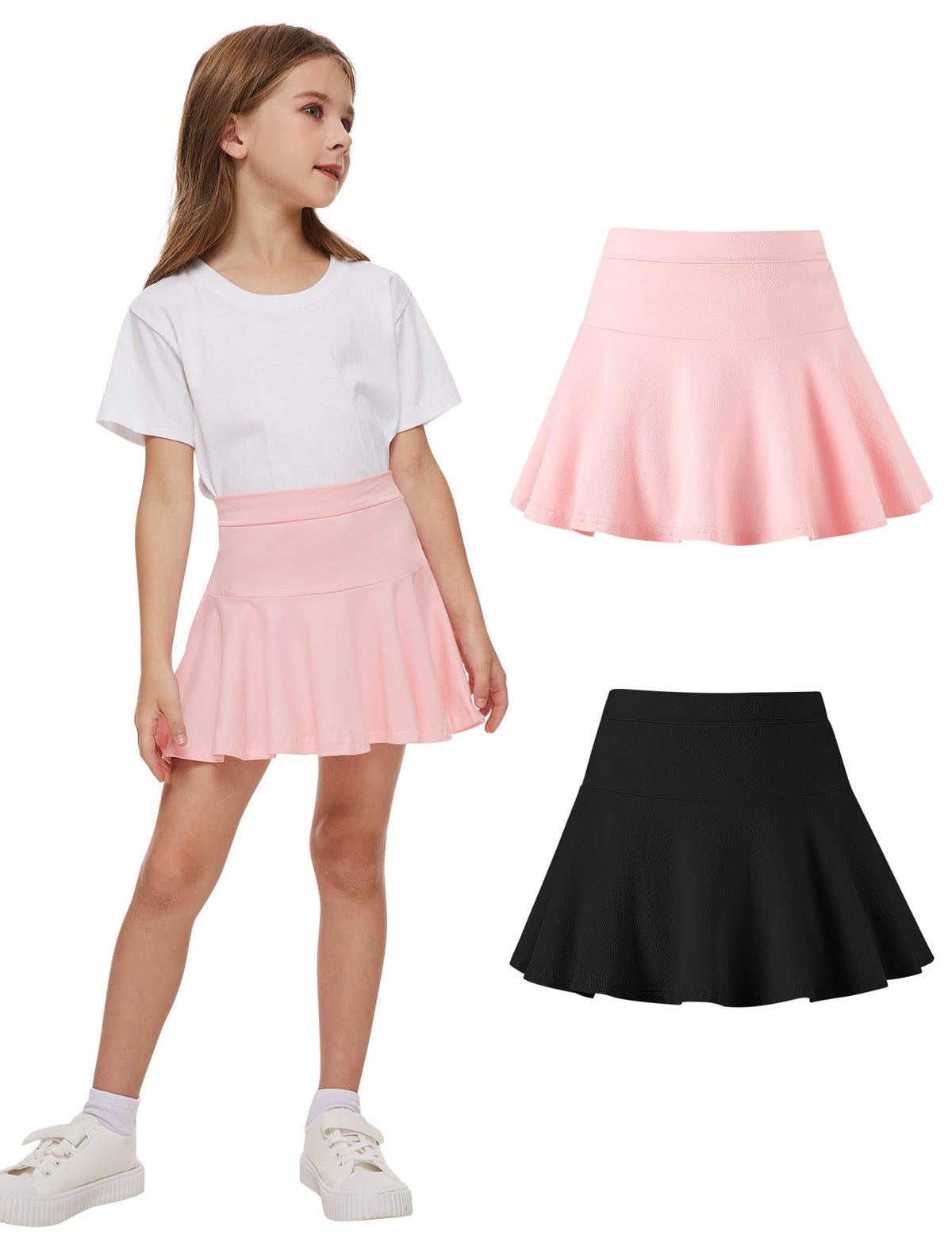 DREAM BUS 2 Pack Toddler Girls Skirts with Built-in Shorts, Cotton Pleated Tennis Skorts with Pocket for Little Girls
