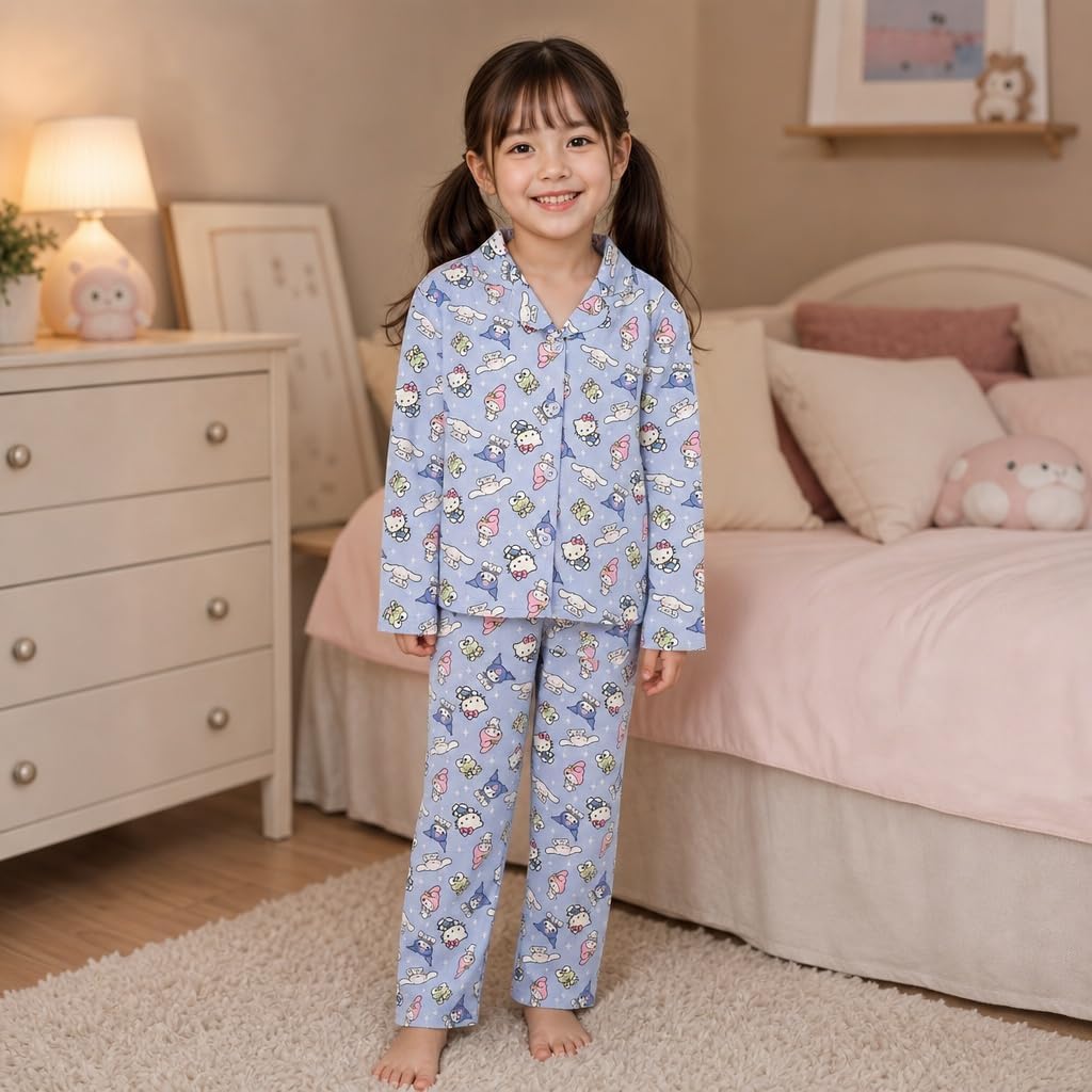 Hello Kitty and Friends Girls Pajama Set - 2 Piece Cozy Girls Pjs Button Down Long Sleeve & Pants For Kids - Official Product