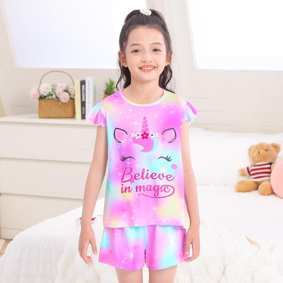 MHJY Girls 2-Piece Pajama Set Flutter Sleeve Breathable Sleepwear for Kids