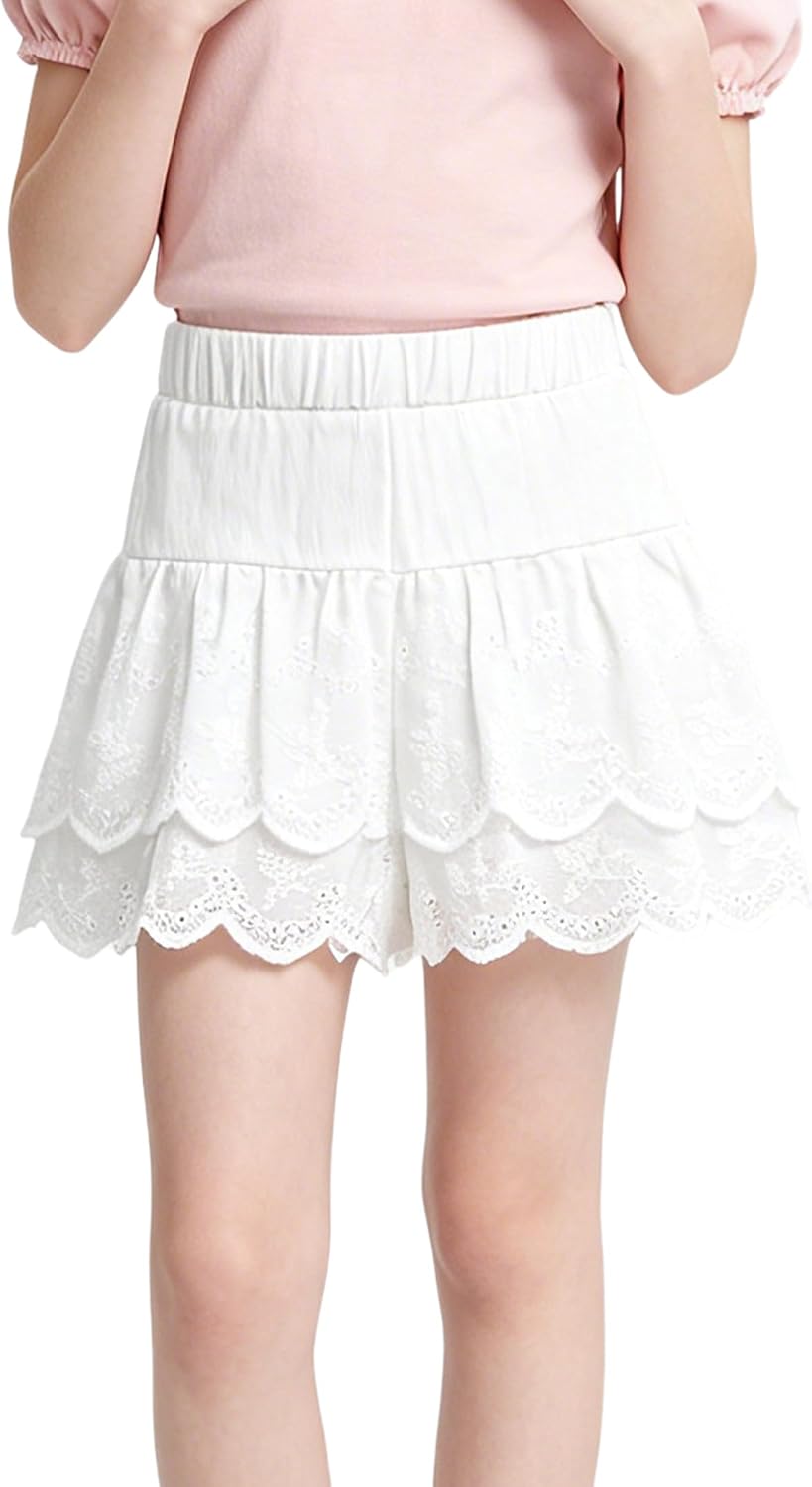 Girls Ruffle Layered Shorts Eyelet Lace Skorts Elastic Waist Flowy for Toddler