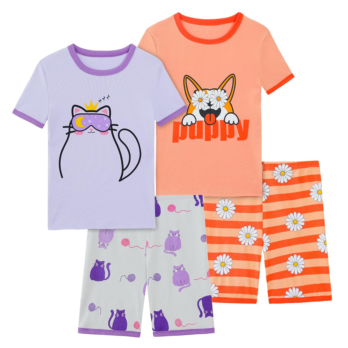 Girls Pajama Set, 4-Piece Cotton Pajamas Short Summer PJs Kids Sleepwear