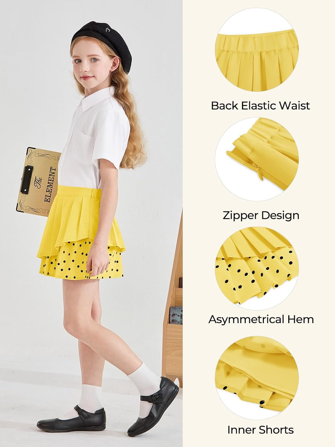 Haloumoning Girls Pleated Skirt Kids Cute High Waist Layered Polka Dots School Uniform Skort Skirts 5-14 Years