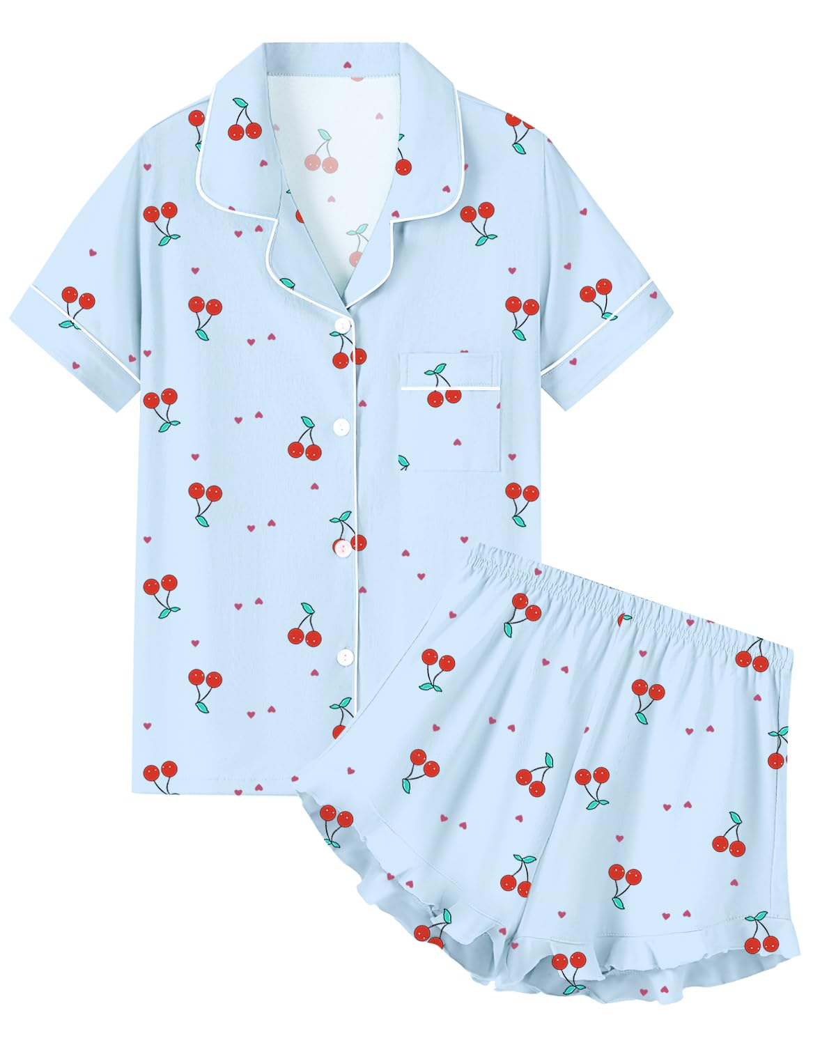 QZH.DUAO Girls & Women Pajama Sets Cotton Sleepwear Button Down Short Sleeve With Ruffle Shorts PJS 5 Years-Large