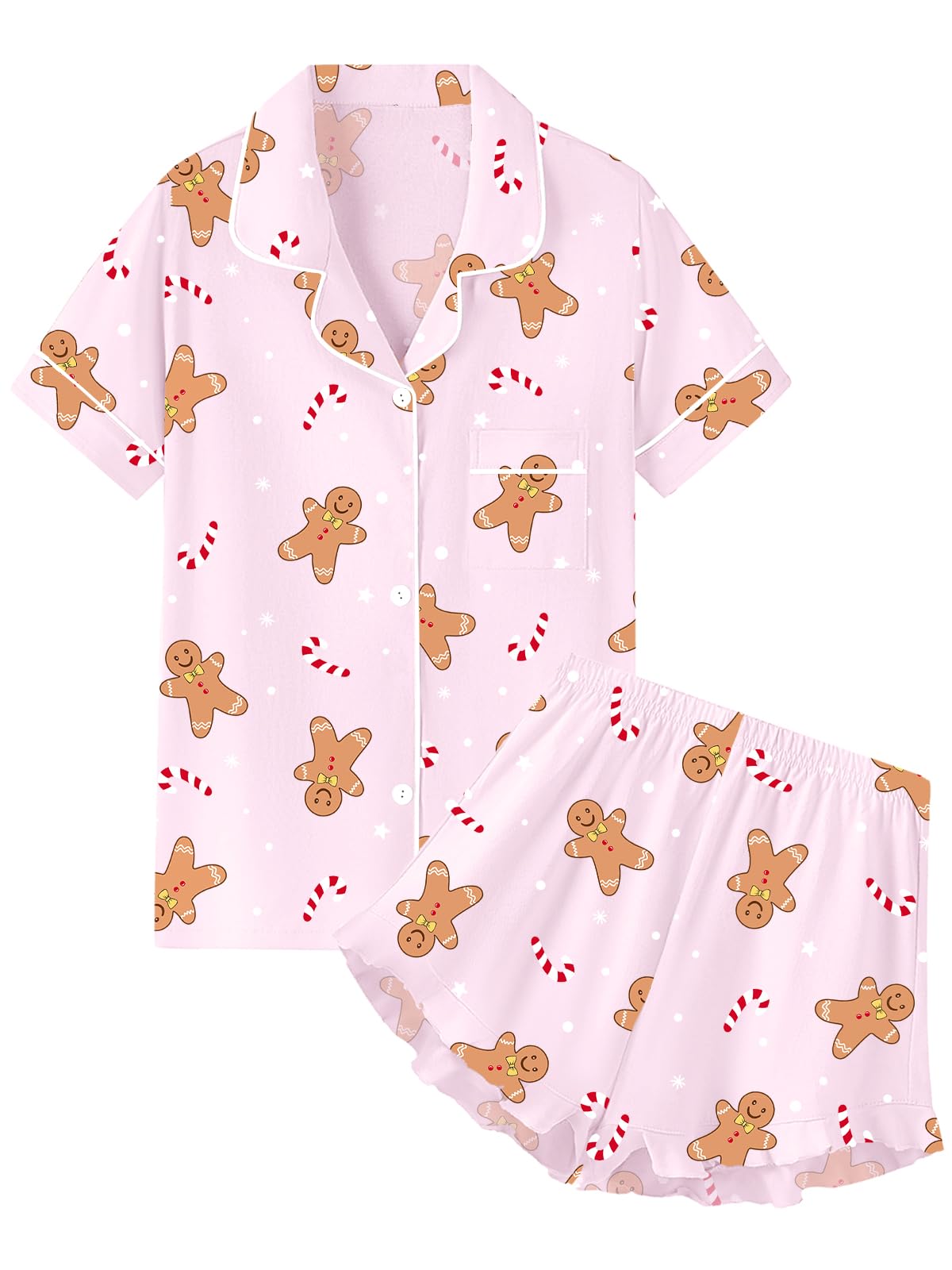 QZH.DUAO Girls & Women Pajama Sets Cotton Sleepwear Button Down Short Sleeve With Ruffle Shorts PJS 5 Years-Large