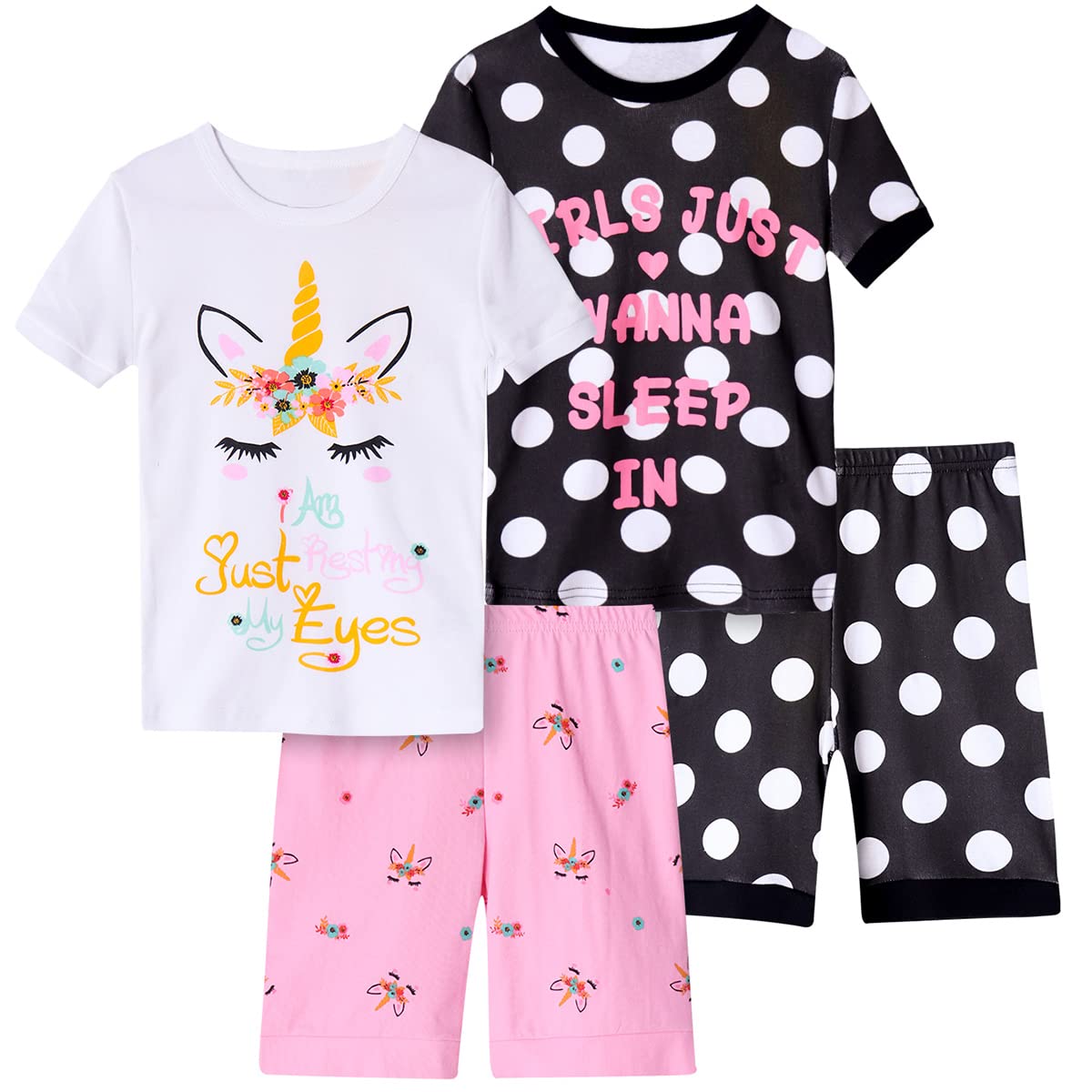 Girls Pajama Set, 4-Piece Cotton Pajamas Short Summer PJs Kids Sleepwear