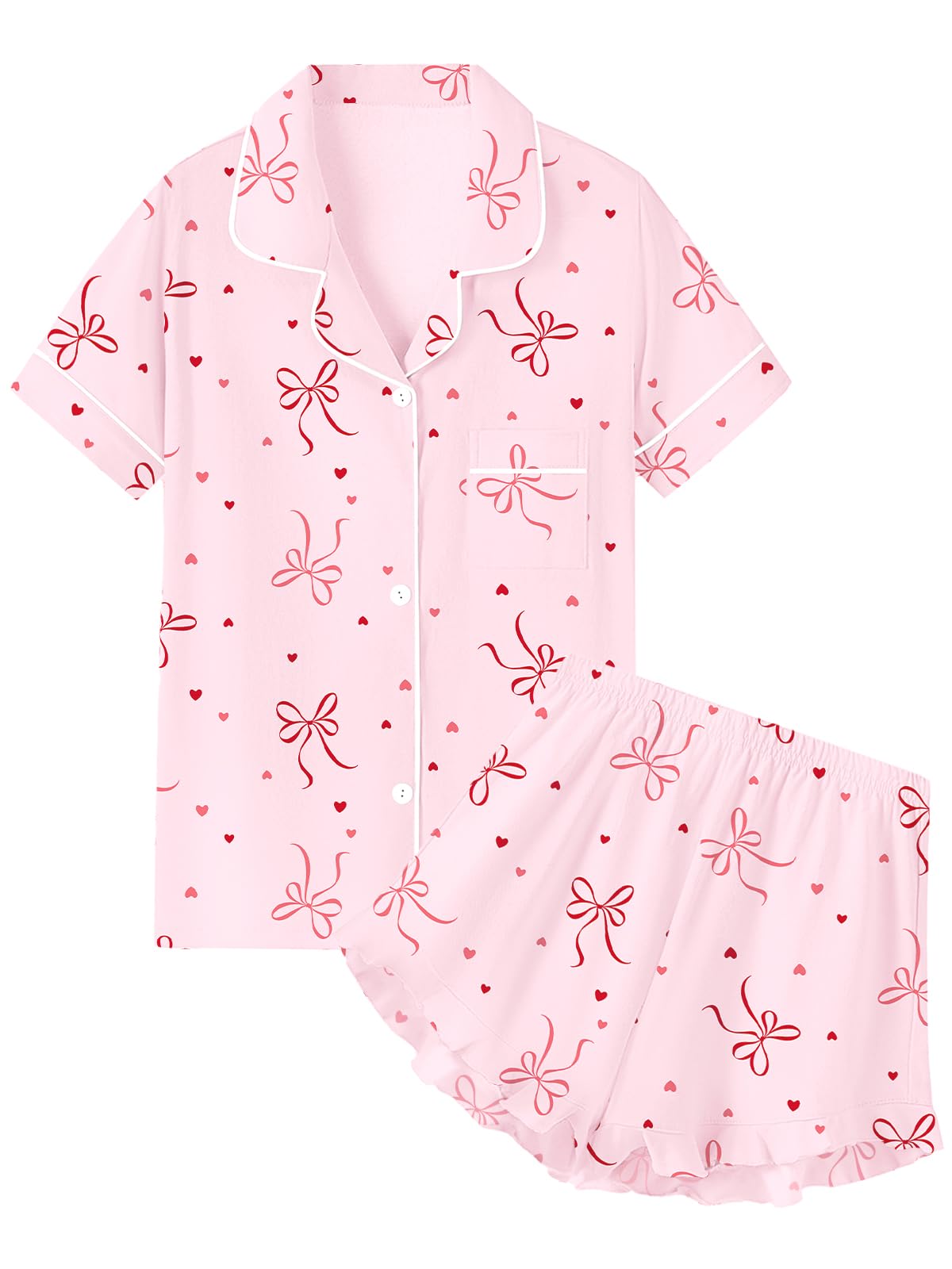 QZH.DUAO Girls & Women Pajama Sets Cotton Sleepwear Button Down Short Sleeve With Ruffle Shorts PJS 5 Years-Large