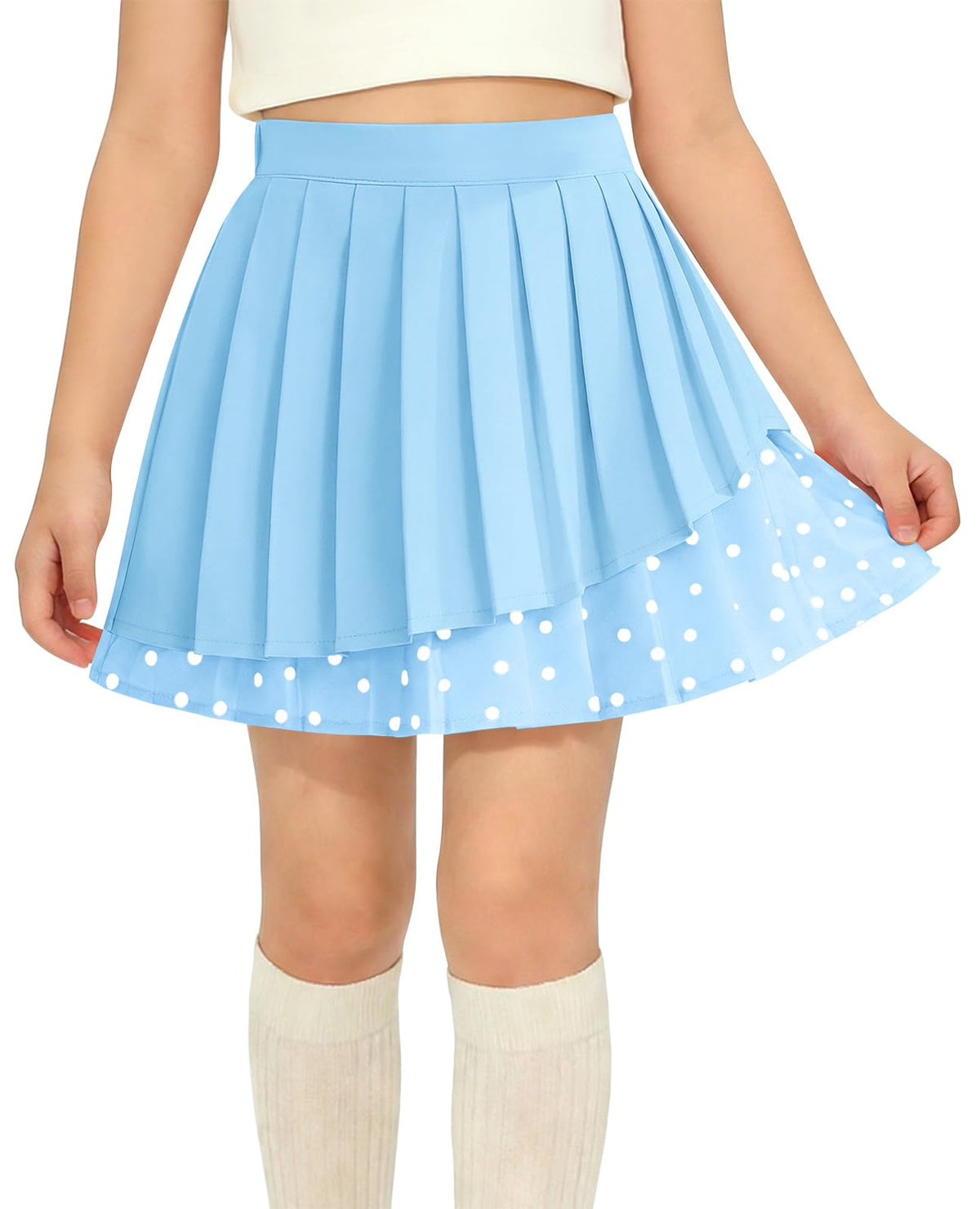 Haloumoning Girls Pleated Skirt Kids Cute High Waist Layered Polka Dots School Uniform Skort Skirts 5-14 Years