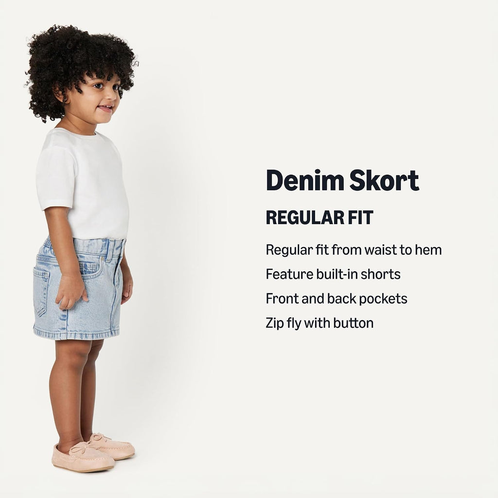 Amazon Essentials Girls and Toddlers' Medium Stretch Regular-Fit Denim Skort with Built-in Shorts