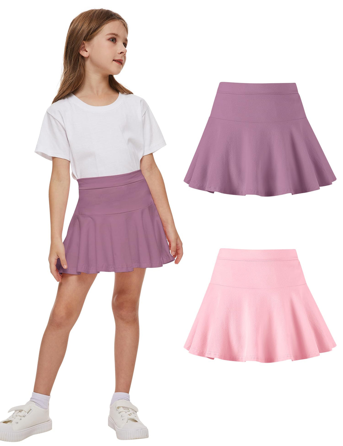DREAM BUS 2 Pack Toddler Girls Skirts with Built-in Shorts, Cotton Pleated Tennis Skorts with Pocket for Little Girls
