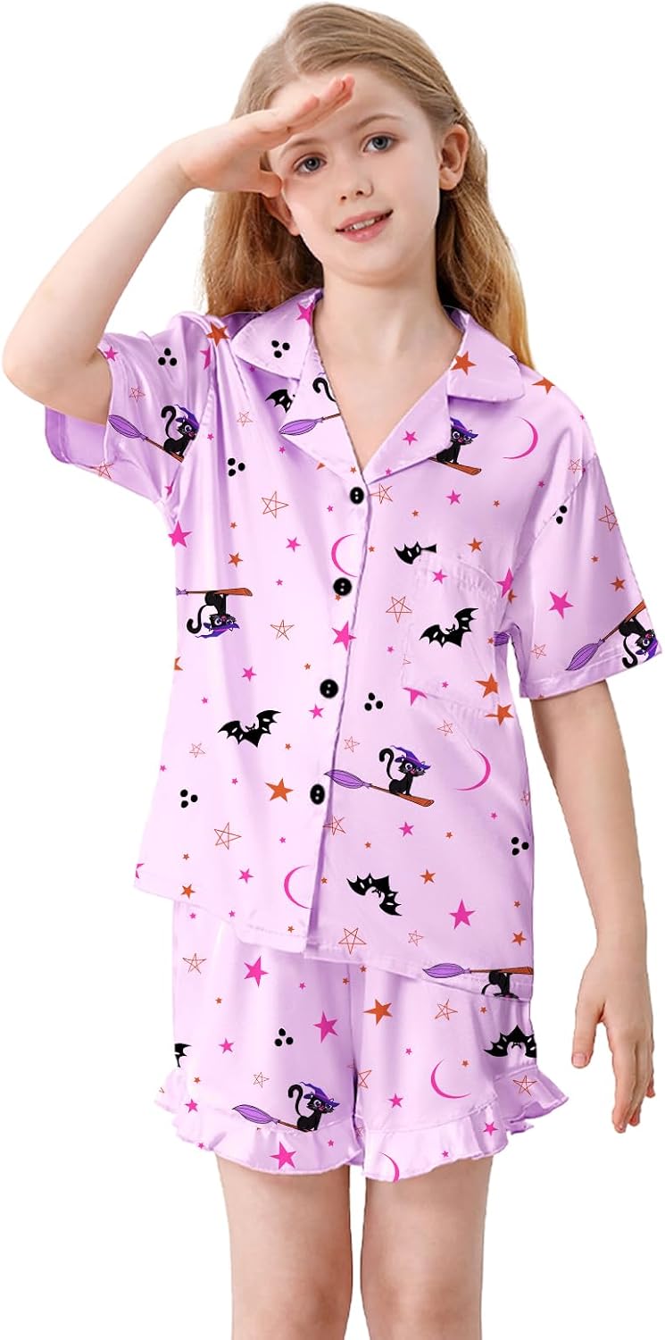 Umeyda Girls 3 Pieces Pajamas Sets Silk Satin Ruffle Sleepwear Short Sleeve Button-Down 3Pjs Nightwear, 5-14 Years