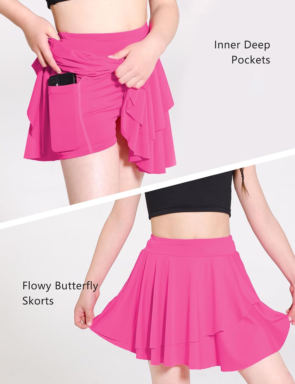 Girls Tennis Skirts Layered Ruffle Athletic Flowy Skirts with Pocket Skorts for Girls 5-14Y