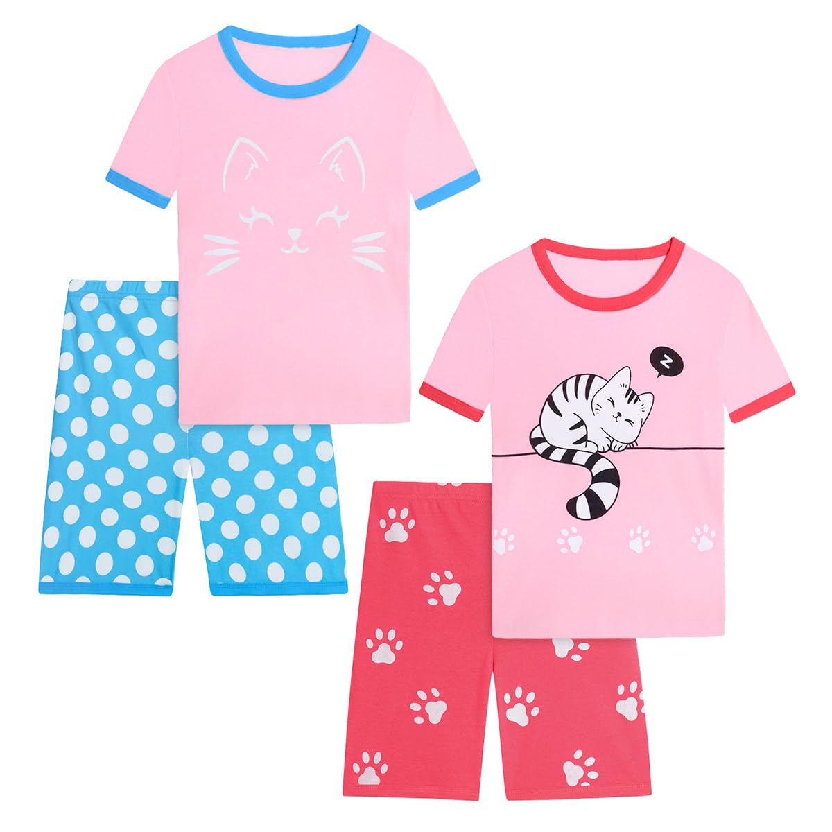 Girls Pajama Set, 4-Piece Cotton Pajamas Short Summer PJs Kids Sleepwear